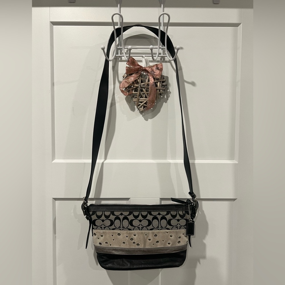 Coach Crossboy black C leather embossed, tan suede,canvas w/adjustable strap